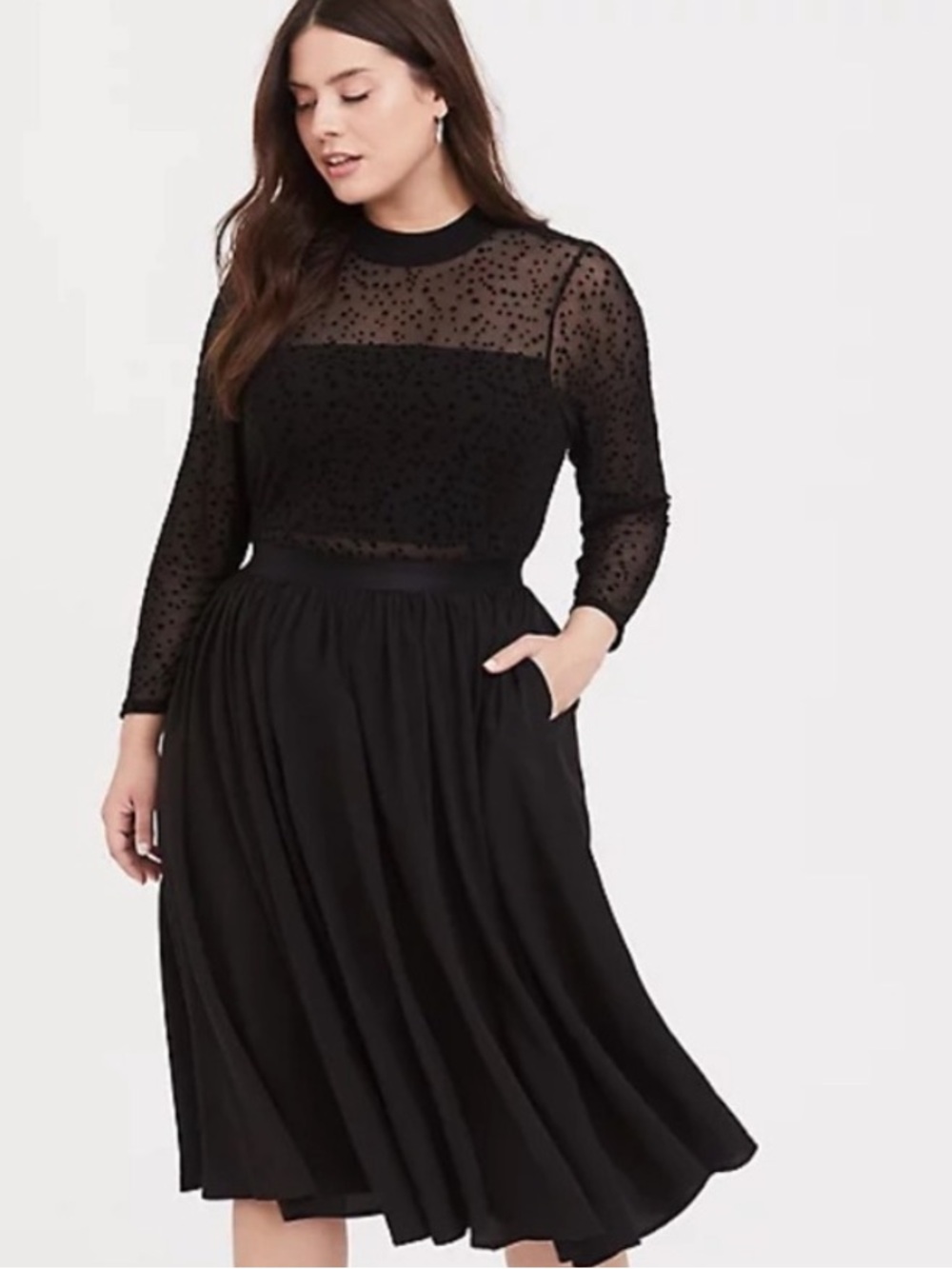 torrid Black mesh flocked star print mock neck Midi dress size 22